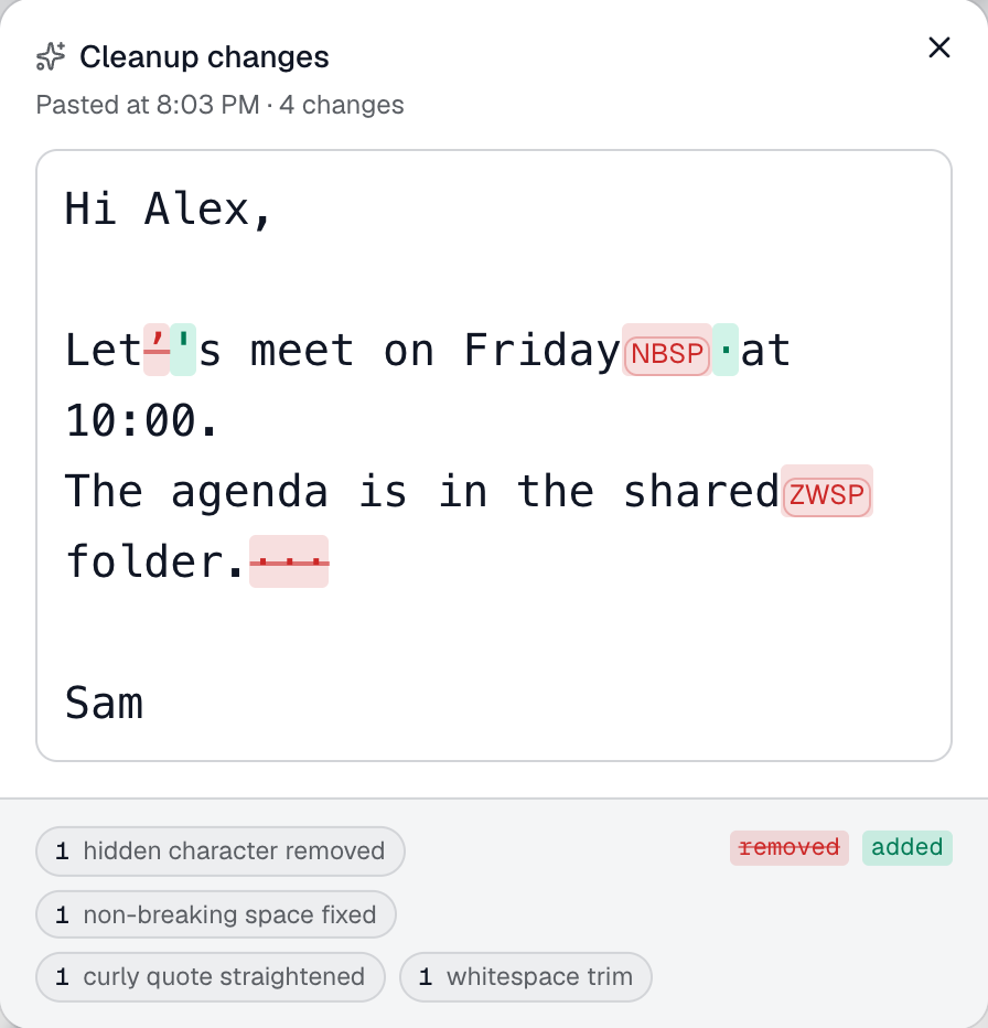 Comparison of pasted text and the cleaned version, with invisible characters marked